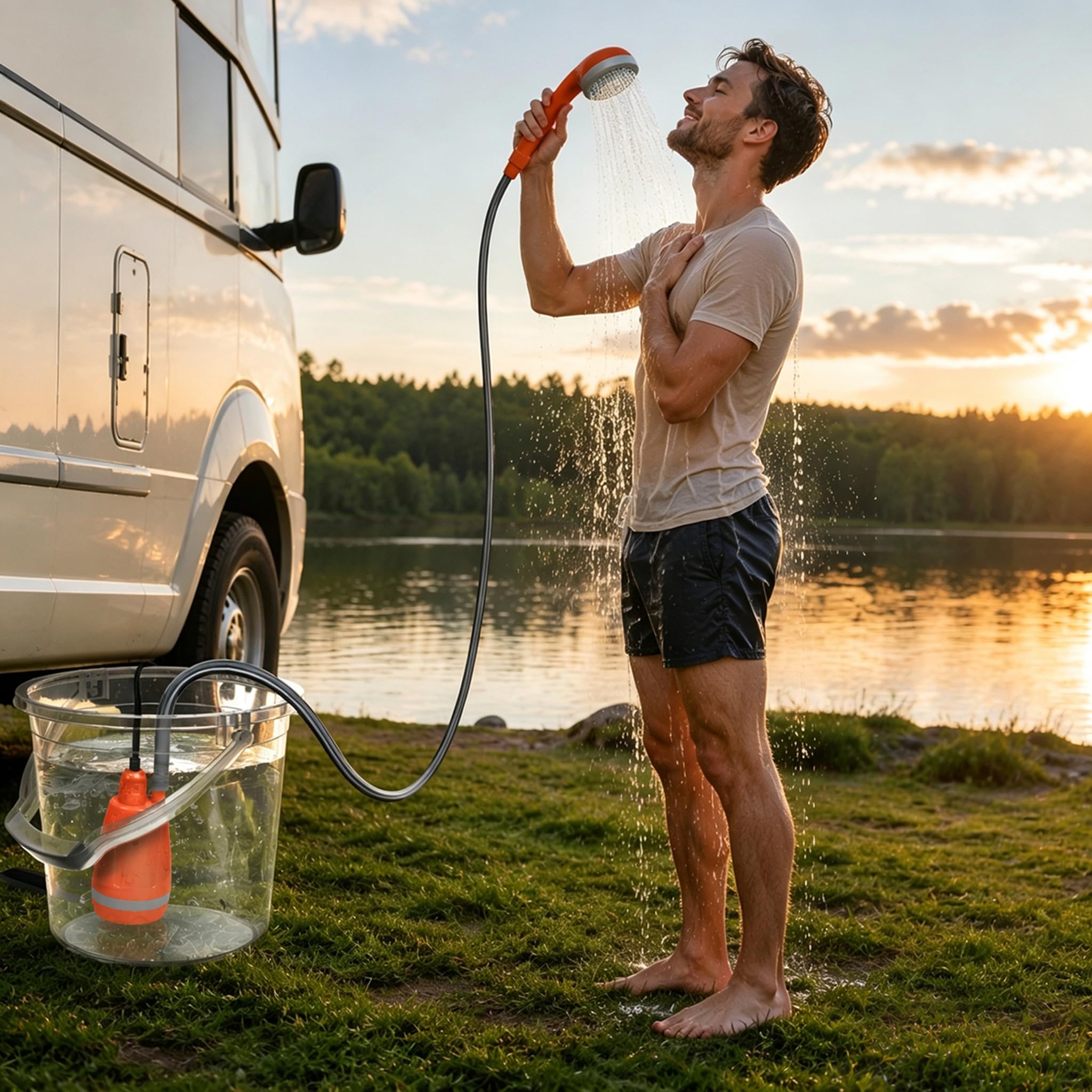 Tragbare Campingdusche mit Akku Tauchpumpe, 3 L/min Durchfluss, 2,3 m Schlauch, Handbrause & Wasserpistole, Saugnapf Haken, mobiles Duschset für Camping Garten Hundewäsche Autowäsche