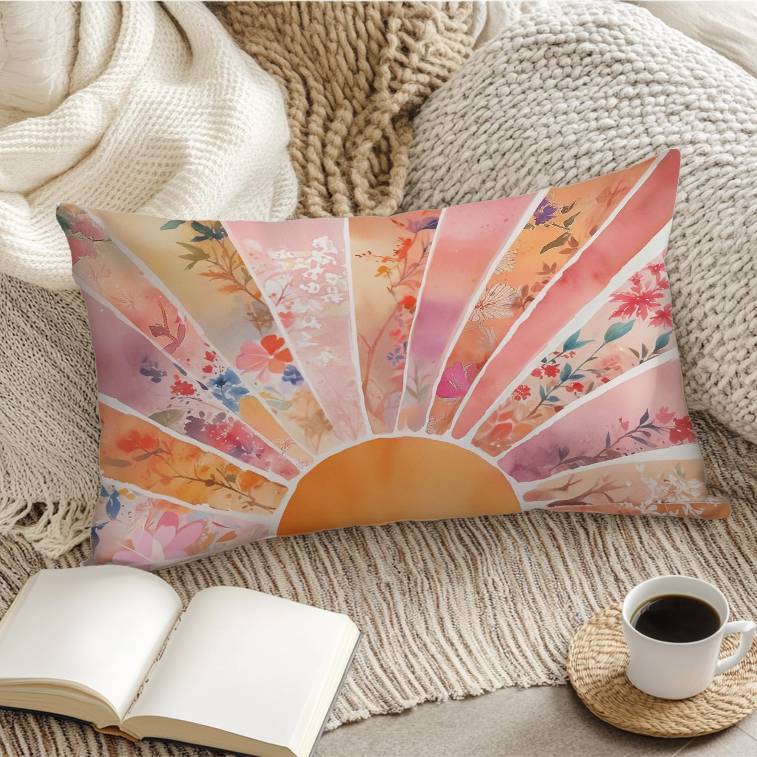 Boho Floral Sun Pillow Covers 12x20, Boho Home Decor, Floral Sunshine Sunset Sunrise Pillow Covers for Bedroom Home Living Room