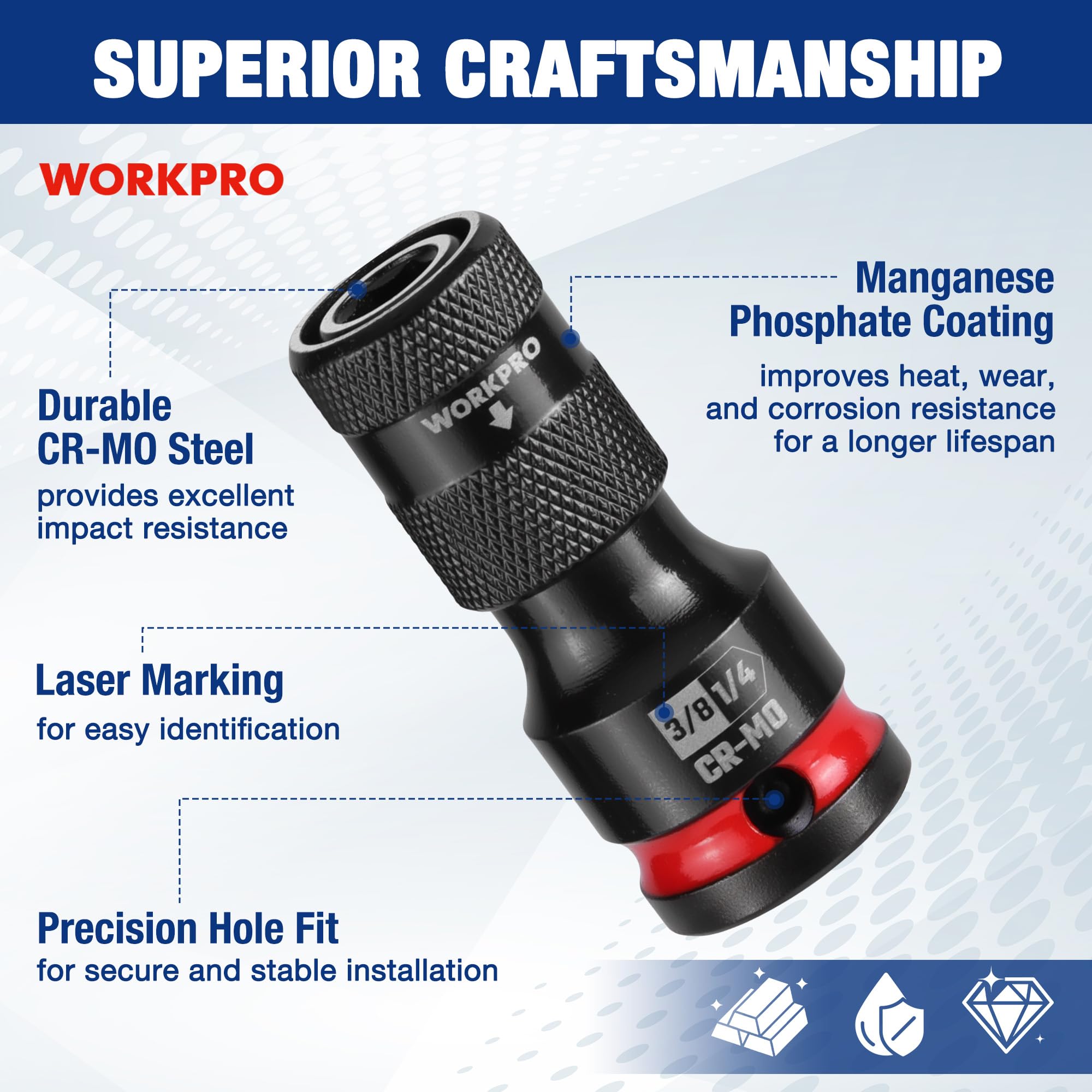 WORKPRO Socket Adapter: Square to Hex - Durable & Quick Release -5