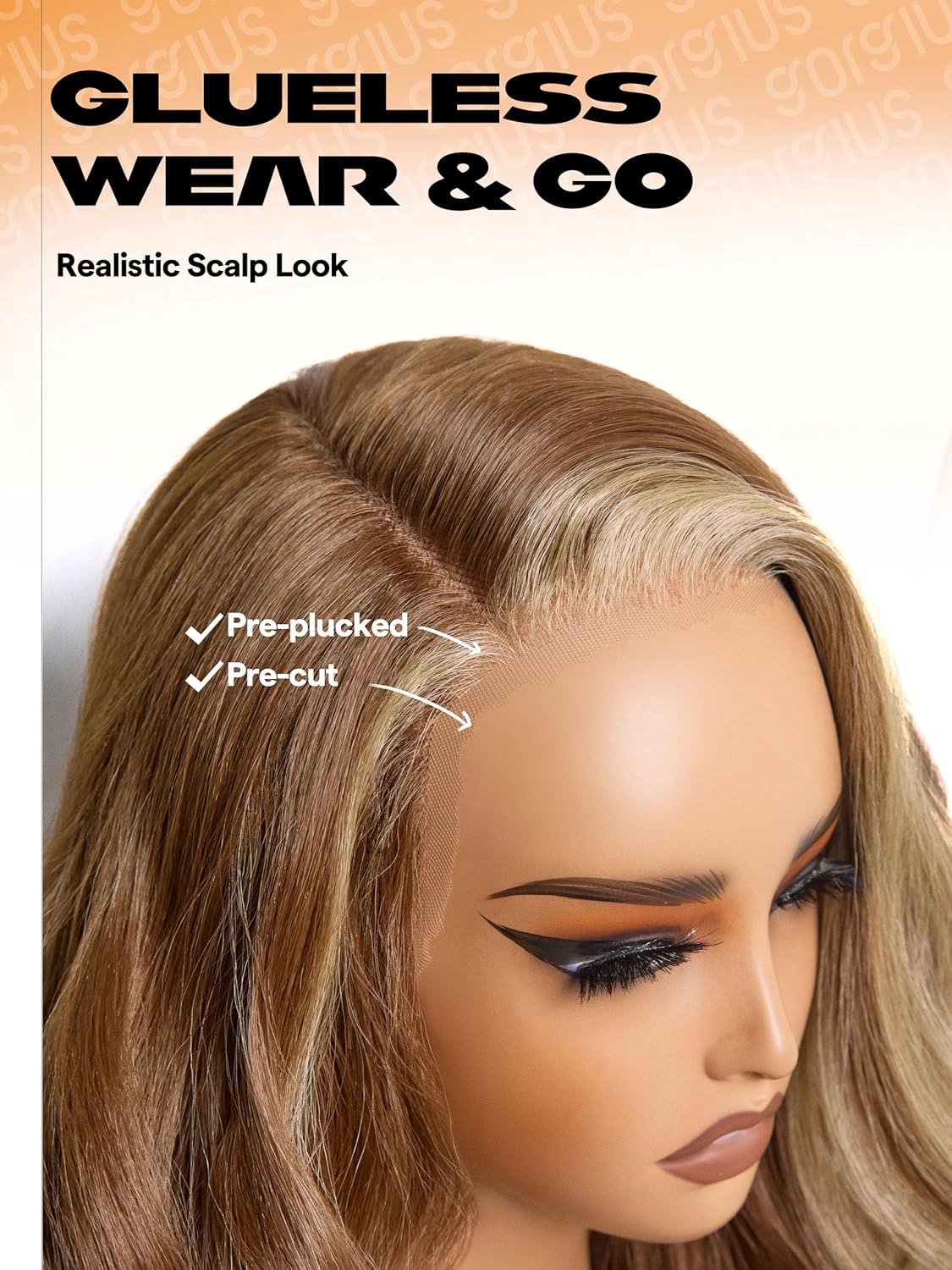 GORGIUS Brown with Blonde Highlight Loose Wave Lace Front Wigs Glueless Pre Plucked Side Part Synthetic Long Wig 24 Inch