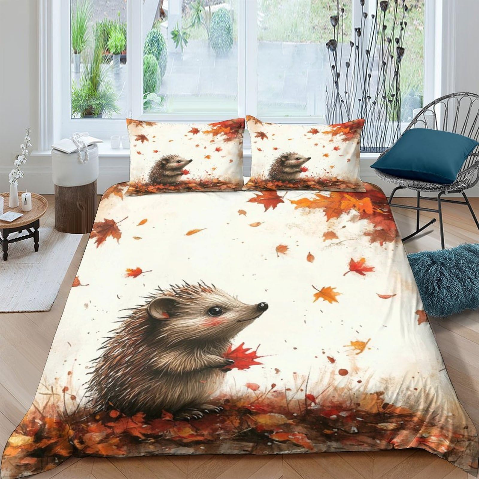 Ctjqhvkz Style-7 3D Printed Autumn Leaves Hedgehog Fitted Sheet Microfiber Soft Breathable Woodland Bed Cover For Bedroom Dorm Decor Single（135X200cm）