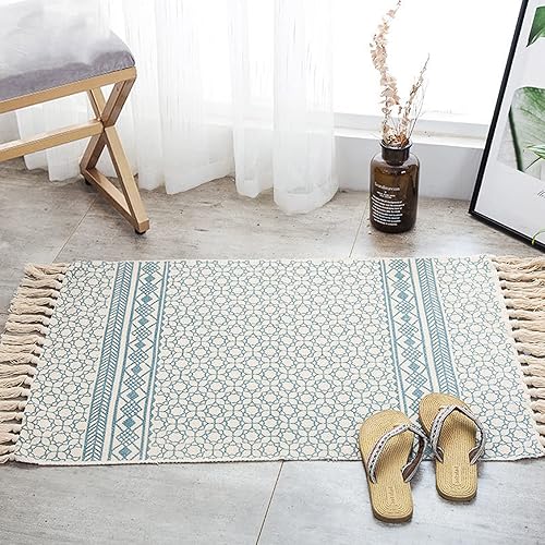 Miniatura 2 de HLOVME Alfombra bohemia de algodón tejida con borlas de 2 x 3 pies, lavable para interiores y exteriores, para sala de estar, dormitorio, cocina,
