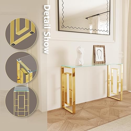 Vista 4 de Mesa consola de cristal, moderna mesa de entrada de 47.2 pulgadas, parte superior de vidrio con base de acero inoxidable, mesa de sofá estrecha