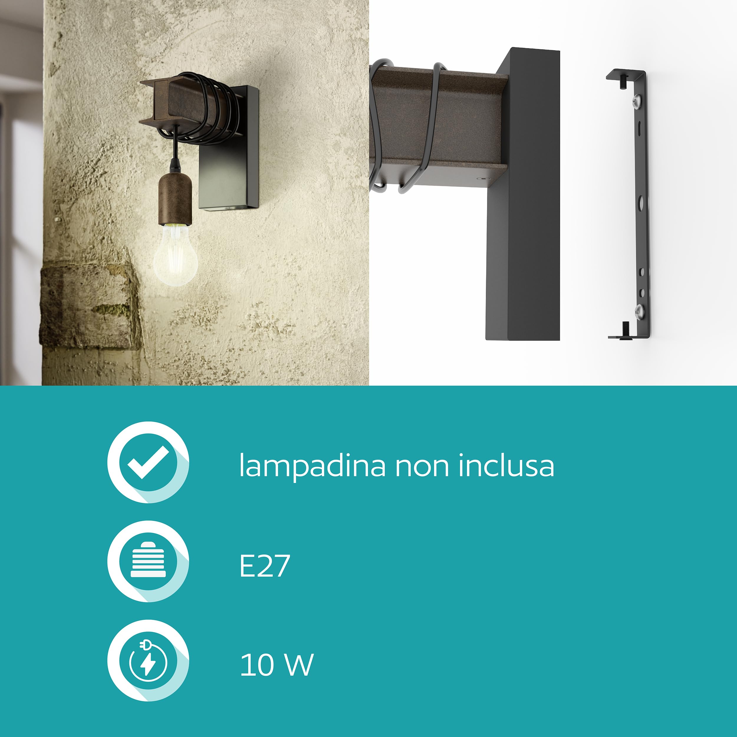 Eglo Lampada da parete Townshend 4, plafoniera vintage a uno punto luce, lampada da parete dal design industriale, lampada retrò in acciaio, nero, marrone, E27