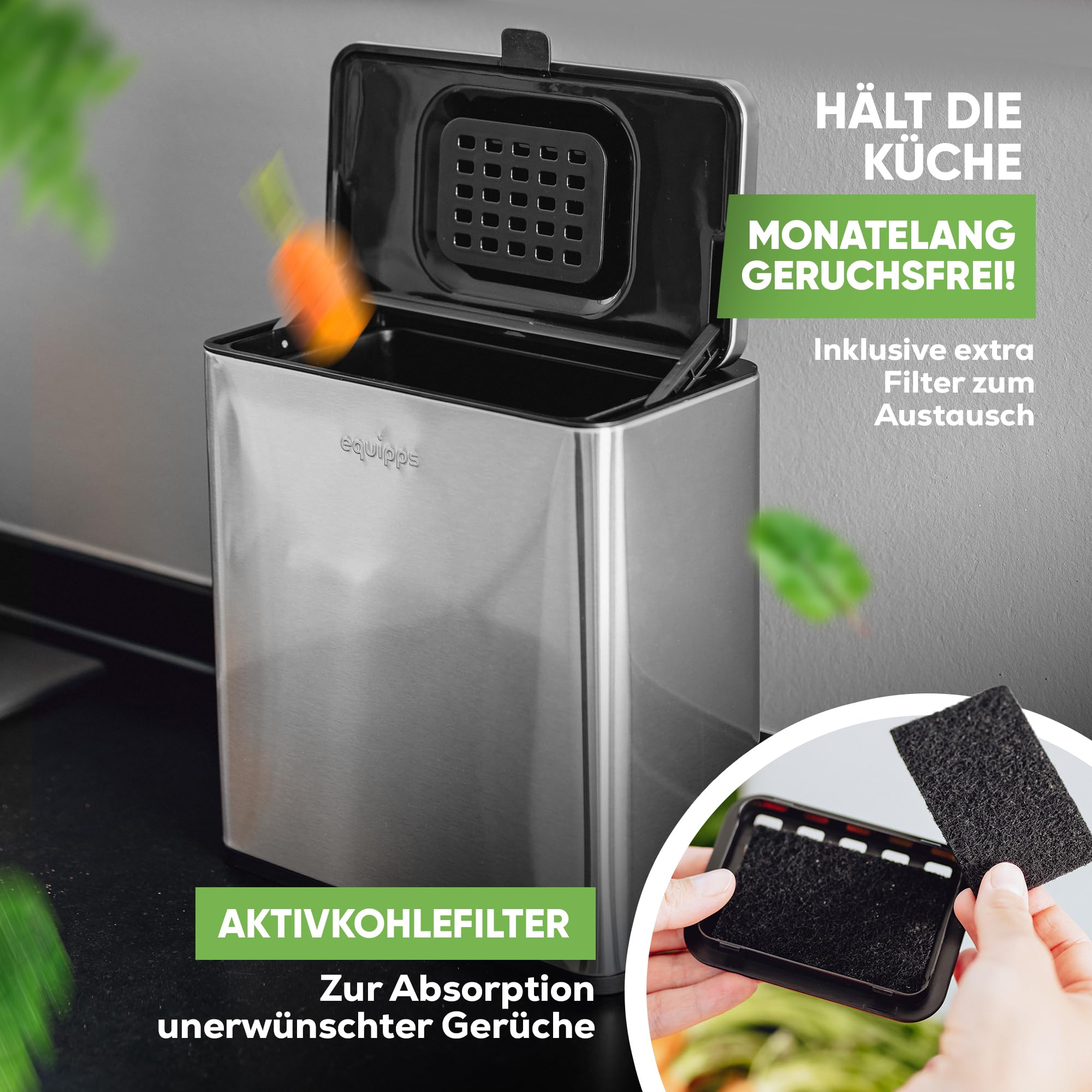 Bio Mülleimer 6L | Komposteimer Küche für Bio Müll & Co | Mülleimer mit Geruchsfilter | Komposter für Abfall & Recycling | Biomülleimer Küche klein (Silber 6l)