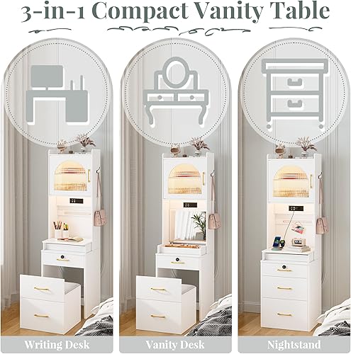 Miniatura 6 de NUNU LAB Escritorio pequeño de tocador con espejo iluminado por LED, juego de mesa de tocador 3 en 1 con espejo superior abatible, juego de mesa de