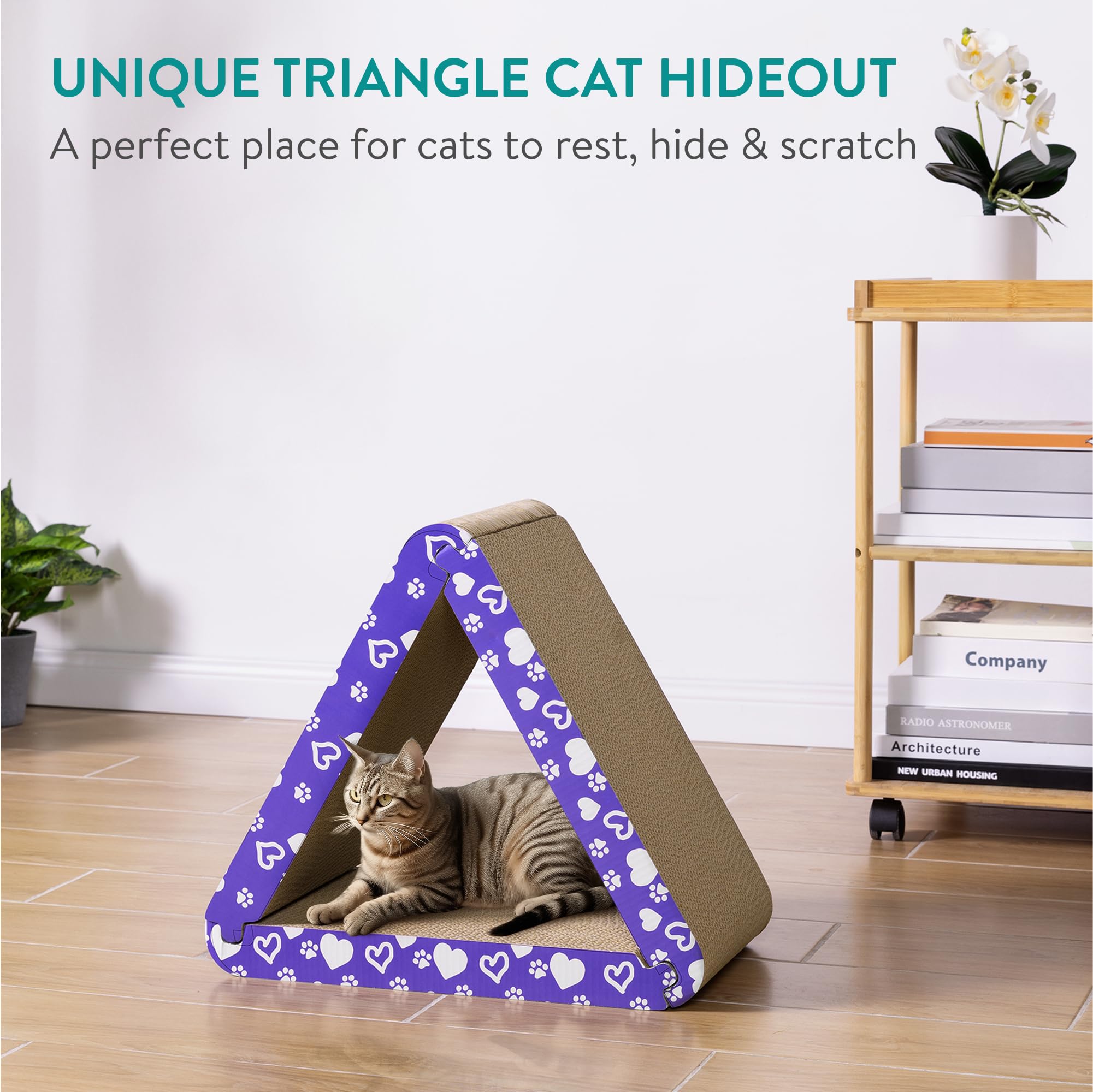 Navaris 3-in-1 Cat Scratcher - Triangle Design Cardboard Cat Scratchers - Easy Assembly Board House for Cats - Large Multi-Sided Scratch Pad, Mat Bed - 44.5cm