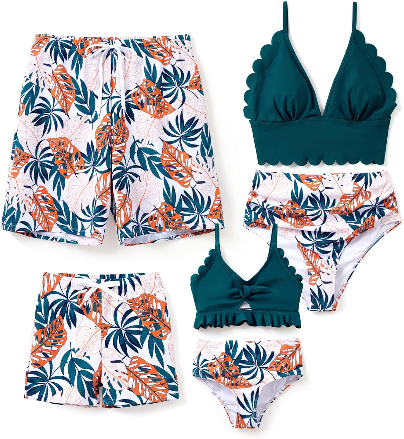 ファミリーマッチングソリッドスカラップトリムストラップツーピース水着と全体に花柄プリントスイムトランクスショーツ