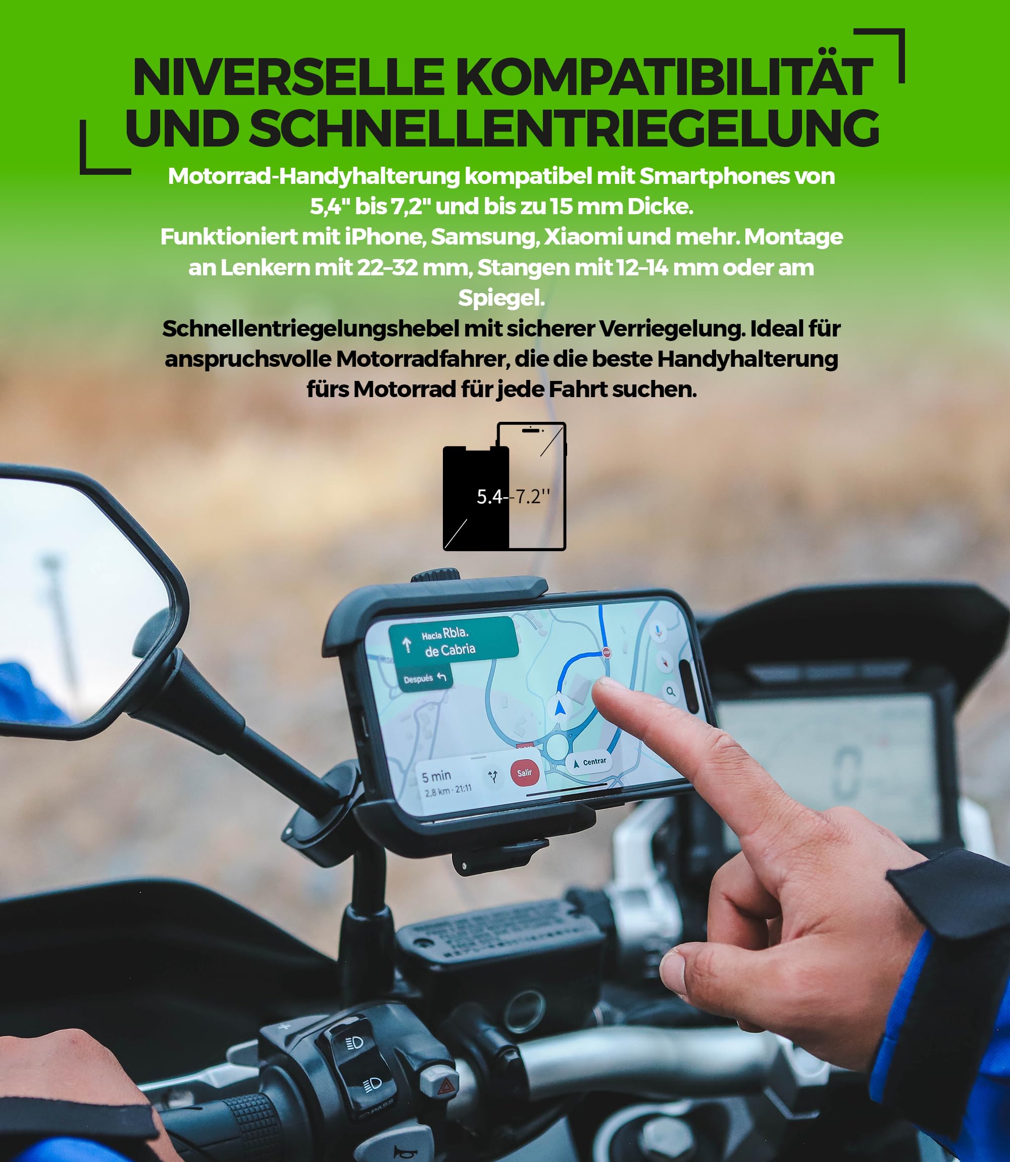 Handyhalterung Motorrad Antivibration CNC Aluminium Schnellverschluss Offenes Design Für Lenker 22-32mm & Rückspiegel 12-14mm Kompatibel Roller Fahrrad E-Scooter 360° Drehbar