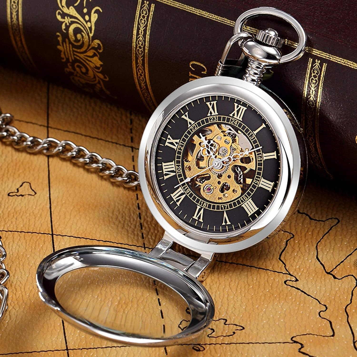 Gentlemen's Pocket Watch, Pocket Watch, Retro Mechanical Pocket Watch Men's Roman Numeral Dial Steampunk Hand Winding Men's Gift (Color : Silver Black) (Gold) (Gold) (Silverblack)