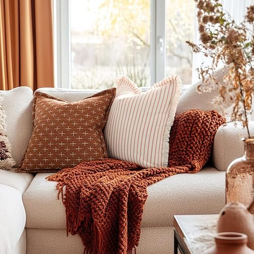 Miniatura 3 de ZWJD Juego de 2 fundas de almohada de otoño de 26 x 26 pulgadas, fundas de almohada a rayas con flecos, fundas decorativas de algodón, fundas de