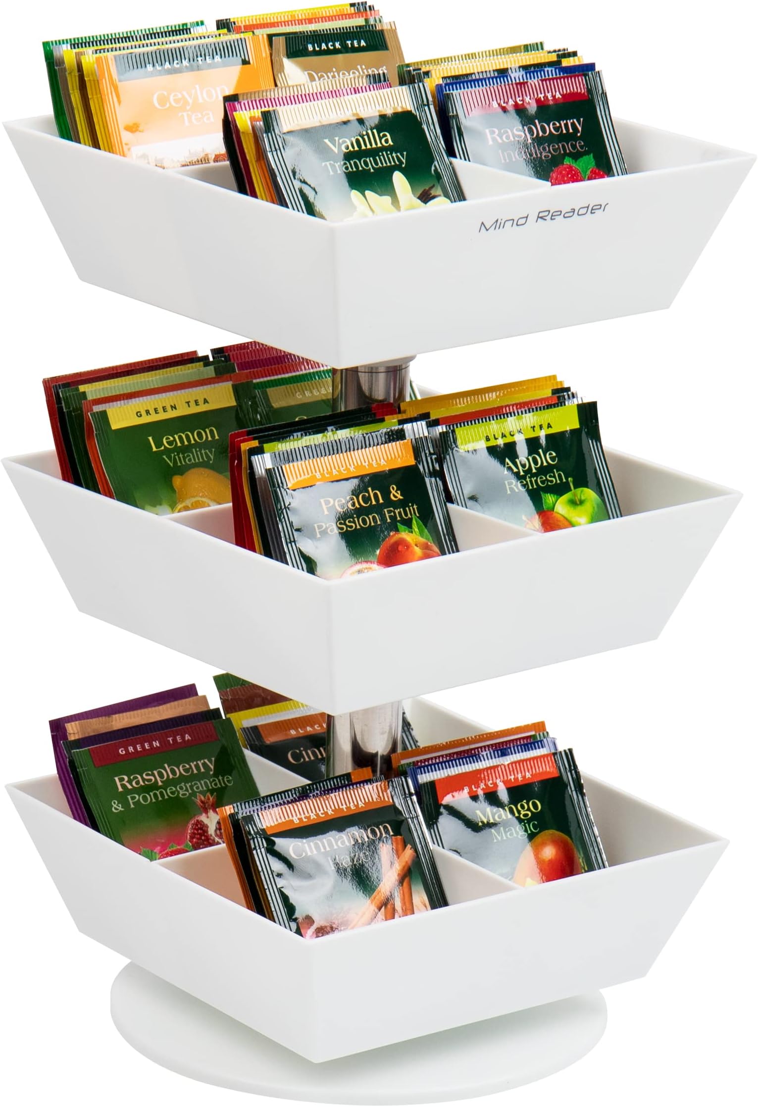 Mind Reader Tea Bag Carousel, Tea Station Organizer, Countertop Storage, Tea Stand, Kitchen, 6.75" L x 6.75" W x 11.5" H, White