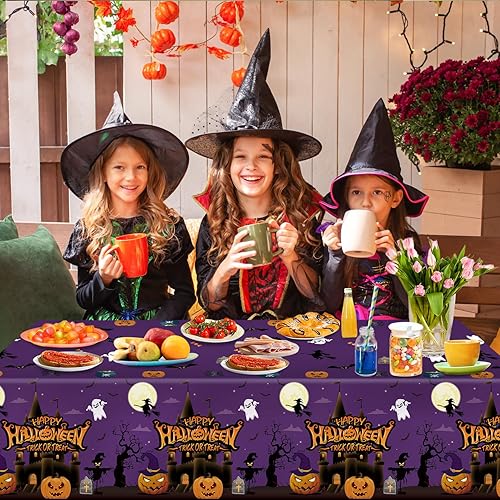 Miniatura 6 de Paquete de 3 manteles de Halloween, fundas de mesa grandes para fiesta de Halloween, murciélagos y calabazas, mantel de plástico para decoración de