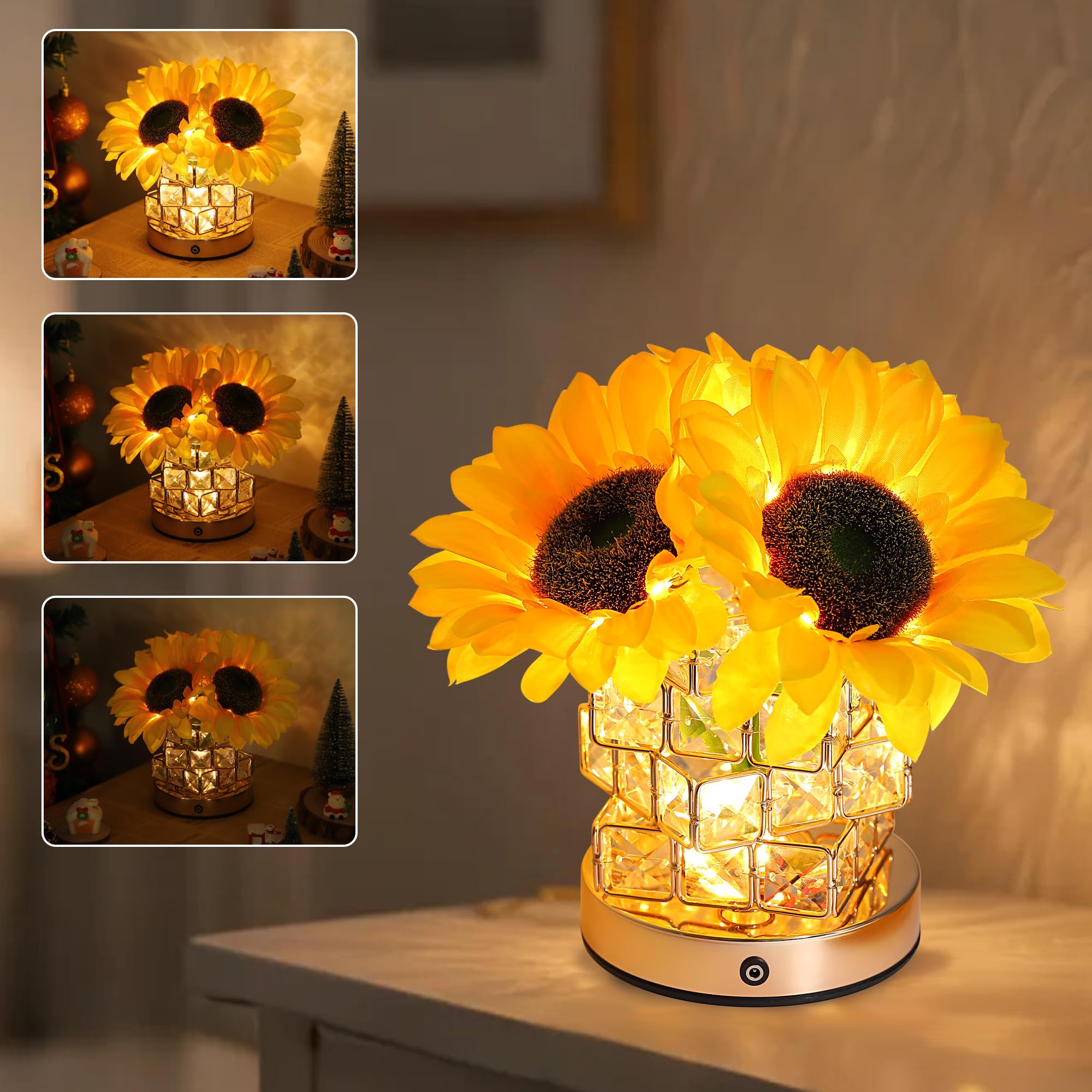 Sunflower Flower Lamp Gifts for Women, 3 Color Dimming Night Light for Womens Mom Her Daughter Christmas Anniversary Birthday Gifts, Bedroom Coffee Shop Decor Rechargeable Cordless Touch Lamp