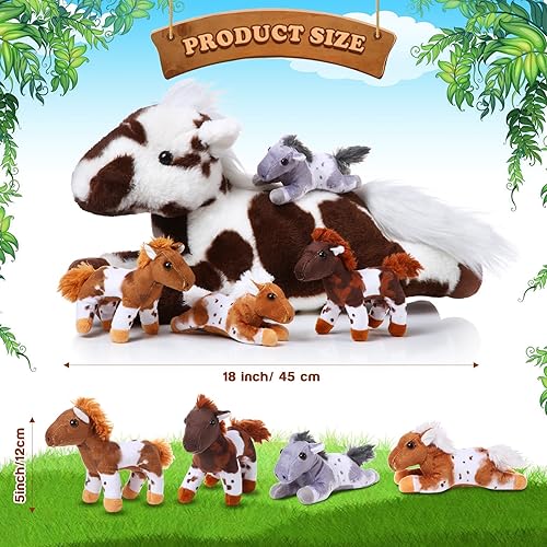 Miniatura 2 de Lenwen 5 piezas de animales de peluche de caballo de 18 pulgadas grande mamá caballo de peluche con 4 bebés en cremallera para nutrir el vientre