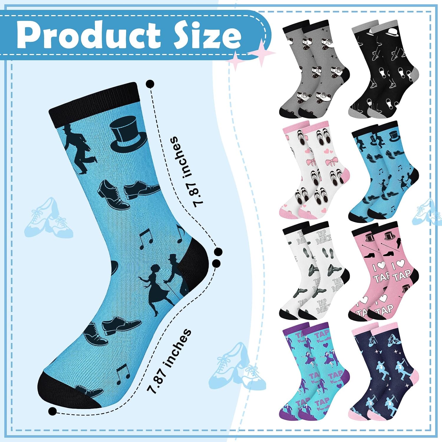 Glitopper 8 Pairs Tap Dance Theme Socks - Dancer Team Gifts Bulk for Girls Women Students Teachers Tap Dancing Accessories Party Favors image 3