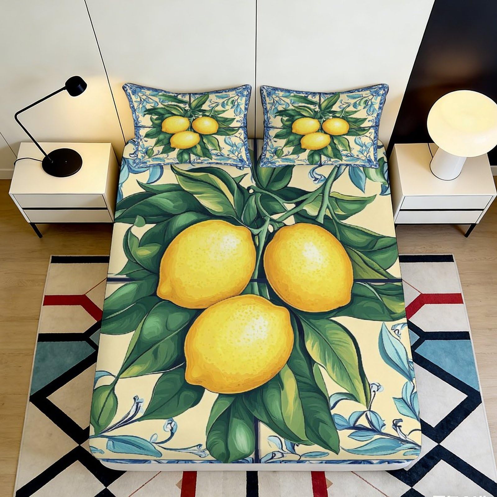 3D Printed Lemon Pattern Fitted Sheet Microfiber Soft Breathable Citrus Fruit Bed Cover for Bedroom Dormitory Guest Room Mattress Protection and Decor 120x200x25cm