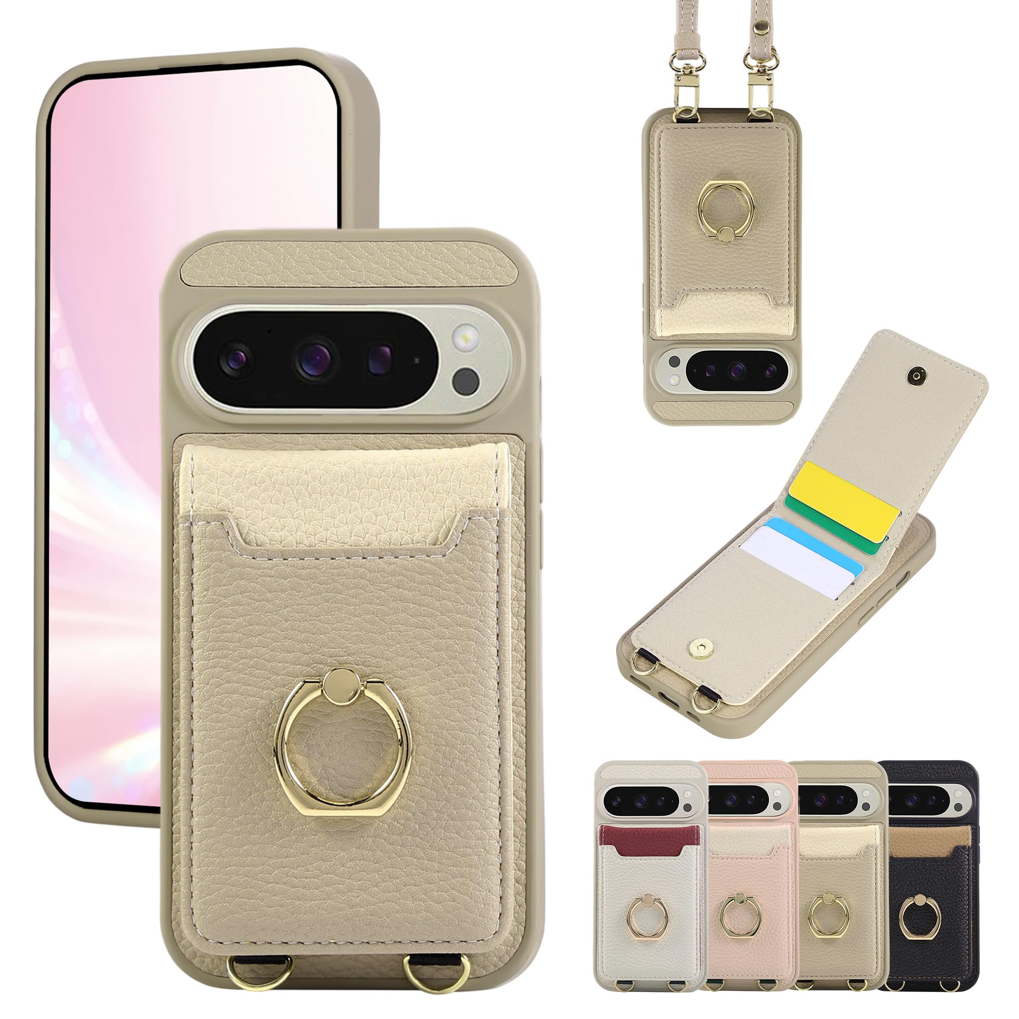 TENSIK Google Pixel 10/Pixel 10 Pro 用 ケース 背面手帳型 ショルダー カード収納 PUレザー ピクセル10/10pro 対応 ストラップ付き 斜めがけ 横置きスタンド機能 全面保護 リング付き 調節可能 小銭入れ カード入れ おしゃれ 女性 肩掛け ベージュ