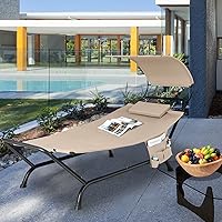 Vista 2 de Tangkula Hamaca con soporte incluido, hamaca resistente para exteriores con toldo ajustable, soporte de metal resistente al óxido, almohada, Beige