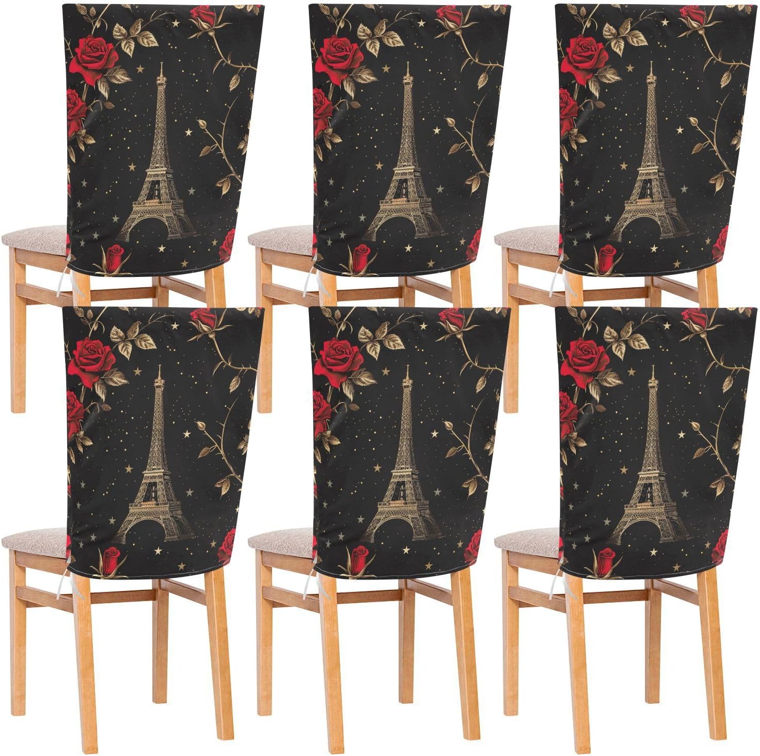 ALAZA Eiffel Tower Roses Stars Chair Back Cover Set of 6, Washable Reusable Removable Chair Slipcovers Decorative Chair Cover for Home Kitchen Wedding Party