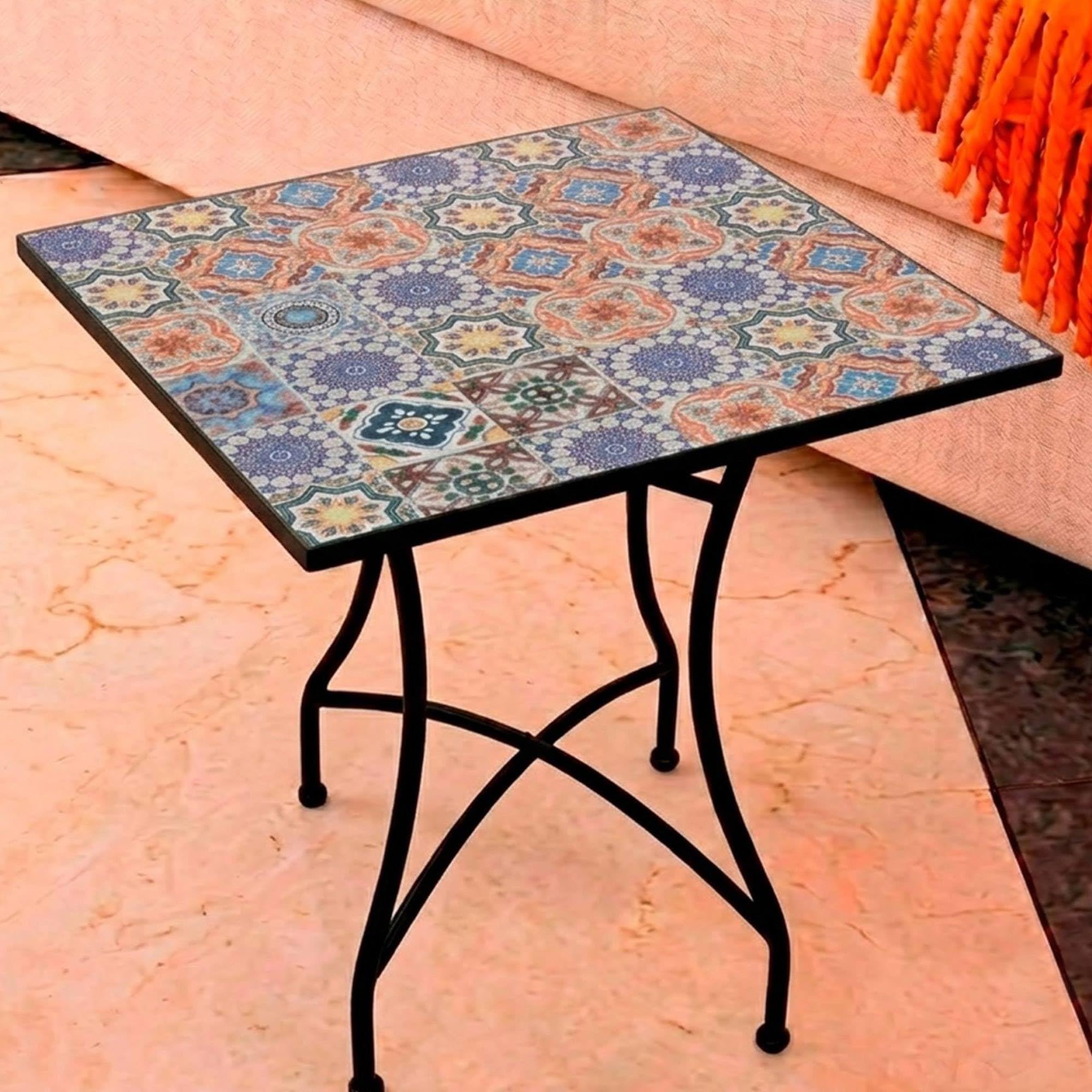 Mesa Auxiliar de Patio de Mosaico Redonda - Mesa de Café para Jardín y Terraza con Patas de Hierro Forjado Antióxido, Mesa Pequeña Decorativa para Exterior e Interior, 58x58x72, Modelo Vito