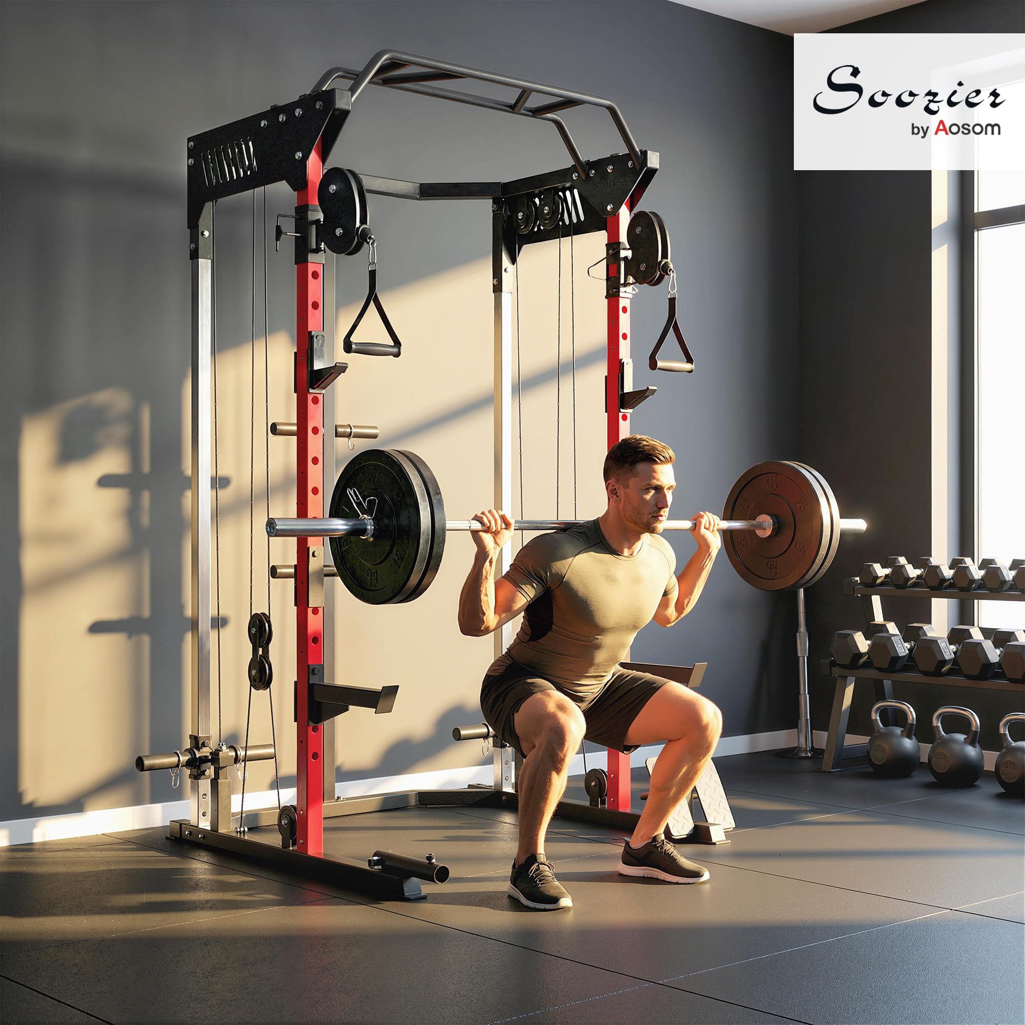 SPORTNOW Stazione di sollevamento Power Rack 900 kg - Gabbia per squat con doppia puleggia regolabile a 19 livelli - Home Gym Completo per allenamento di forza, con tiraggio Lat e accessori, nero