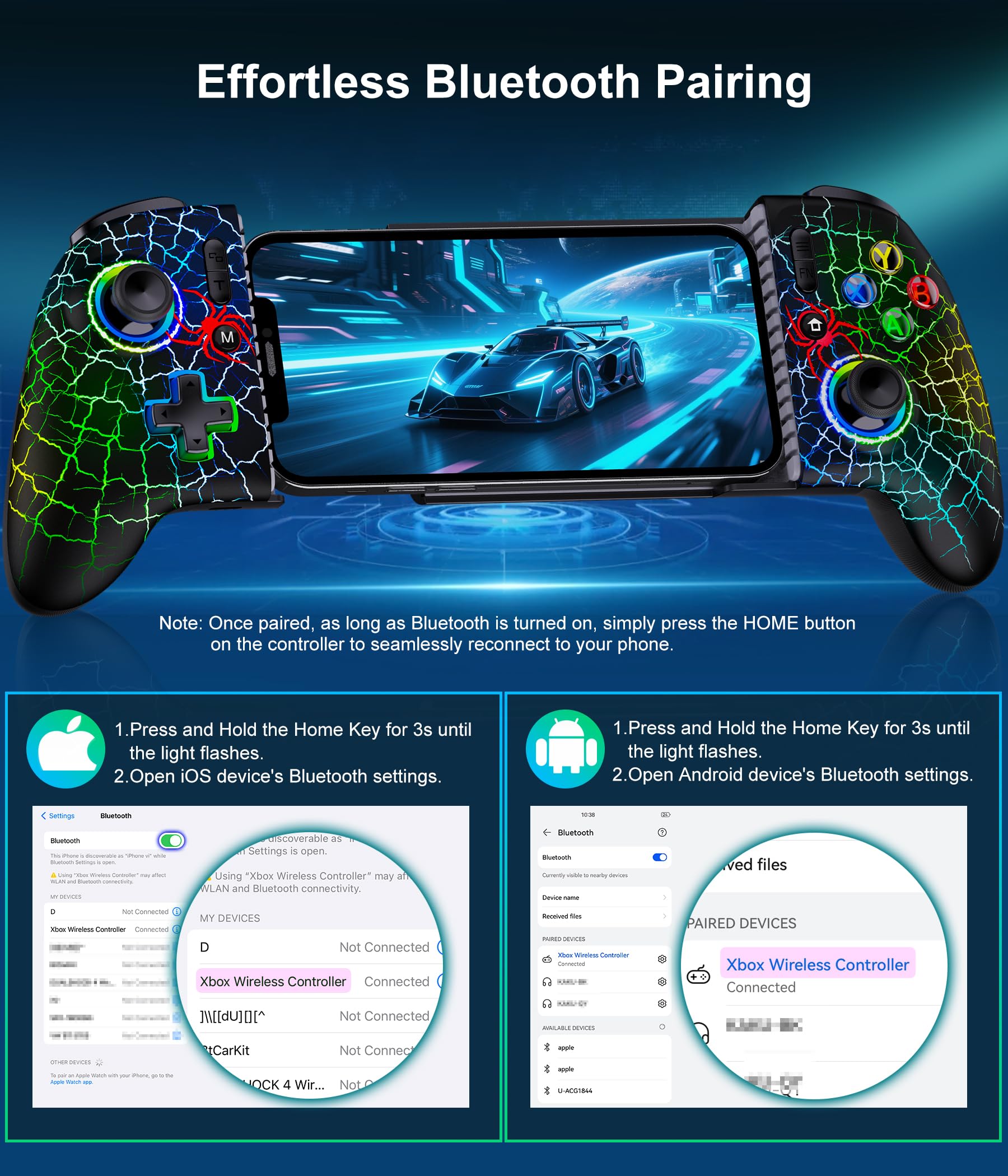 Mobiler Gaming-Controller, Smartphone-Controller für iPhone/Android-Handheld-Gaming mit programmierbaren/Hall-Effekt-Joysticks & analogen Triggern/anpassbarer Beleuchtung/Turbo