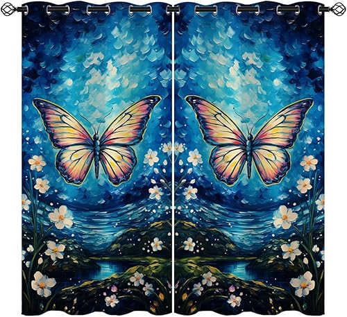 Miniatura 9 de Cortinas opacas de mariposa para decoración del hogar de niñas y niños, hermosas flores en acuarela, con ojales, aislamiento térmico, cortinas de