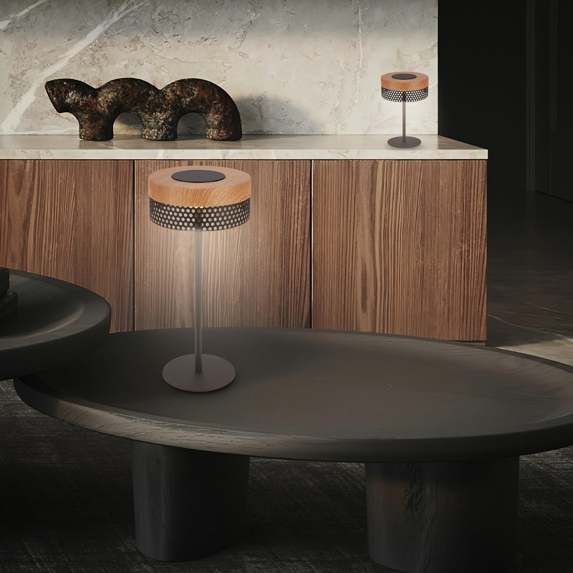 BRILONER - Lampe de table sans fil LED IP44 avec touch, à intensité variable, batterie remplaçable, lampe de chevet sans fil, lampe de salon à poser, 16x35 cm, noir bois
