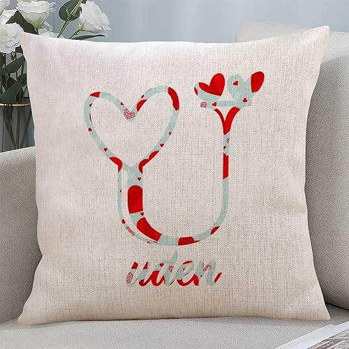 Funda de almohada en U personalizada con nombre inicial y letra de monograma con corazones de amor azules y rojos, divertida funda de cojín para