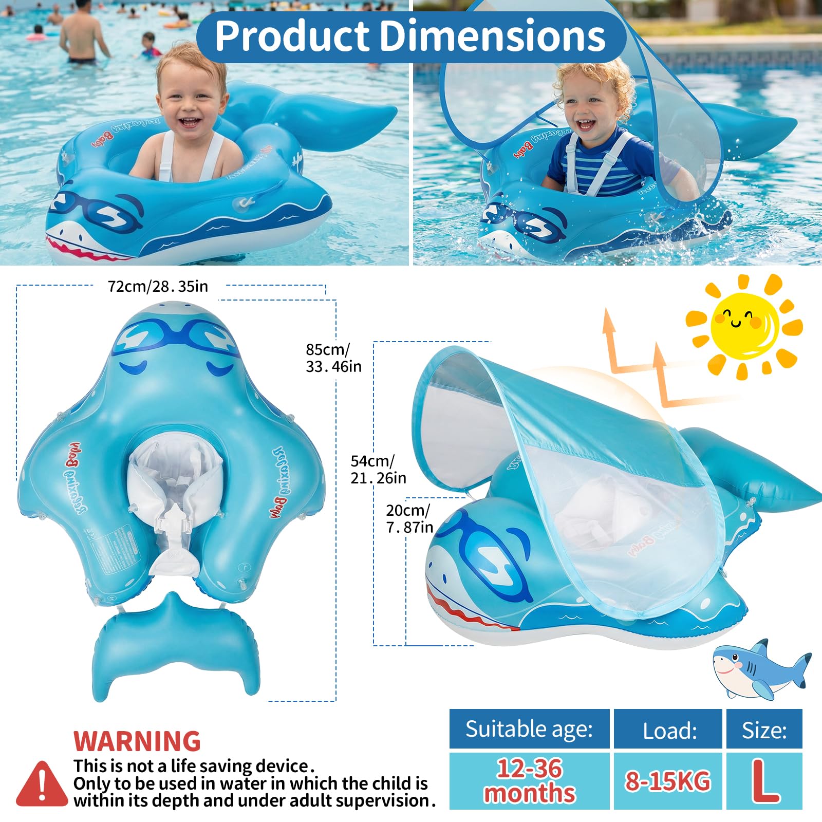 Flotador Bebe con Sombrilla UPF 50+ Ninonly Flotador con Proteccion Bebe Diseño Tiburón con Campana, Inflable Piscina para Bebe Asiento Ergonómico Anti-Vuelco Seguro para Piscina y Playa 12-36 Meses