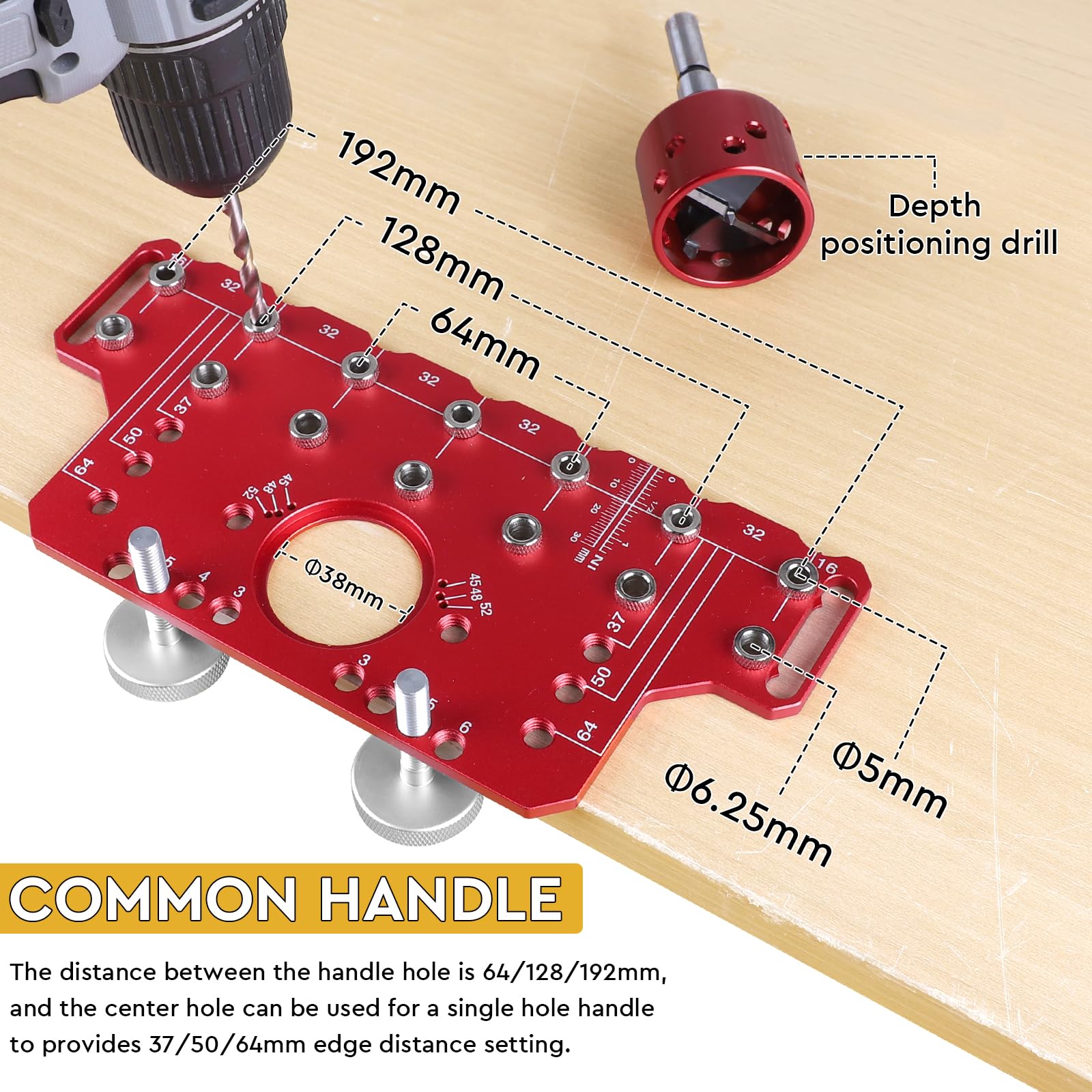 Regalstift-Bohrvorrichtung Rot Shelf Pin Jig und Cabinet Hinge Jig 2 in 1 Regalstiftvorrichtung und 35mm Scharniervorrichtung Alu Lochreihen Bohrschablone mit 5mm und 1/4 Zoll Bohrern (Kurz)