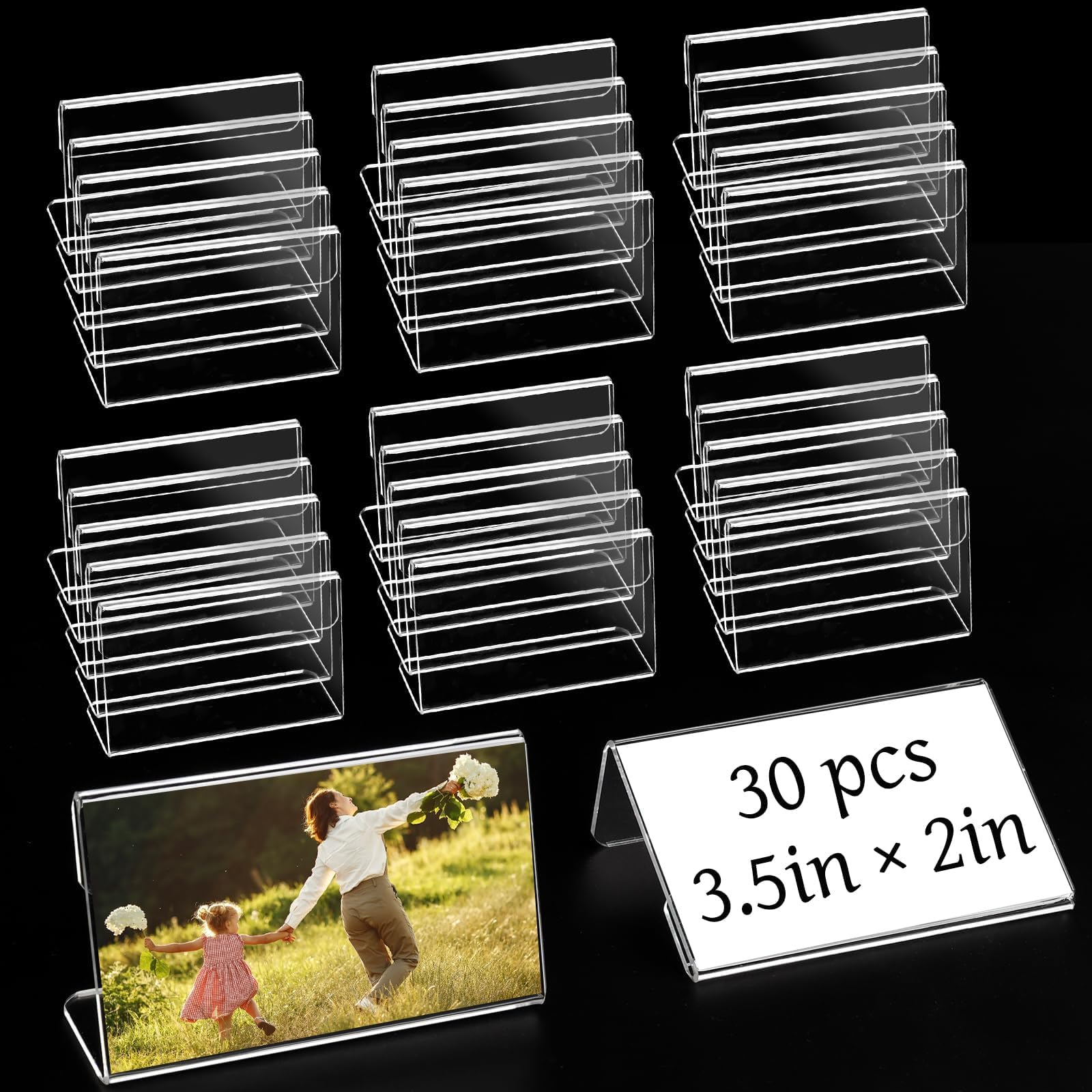 30 Pcs 3.5 x 2 Inch Acrylic Card Holders Slant Back Sign Holders Clear Display Holder L Shaped Display Stand for Place Cards, Name Card, Wedding Signs