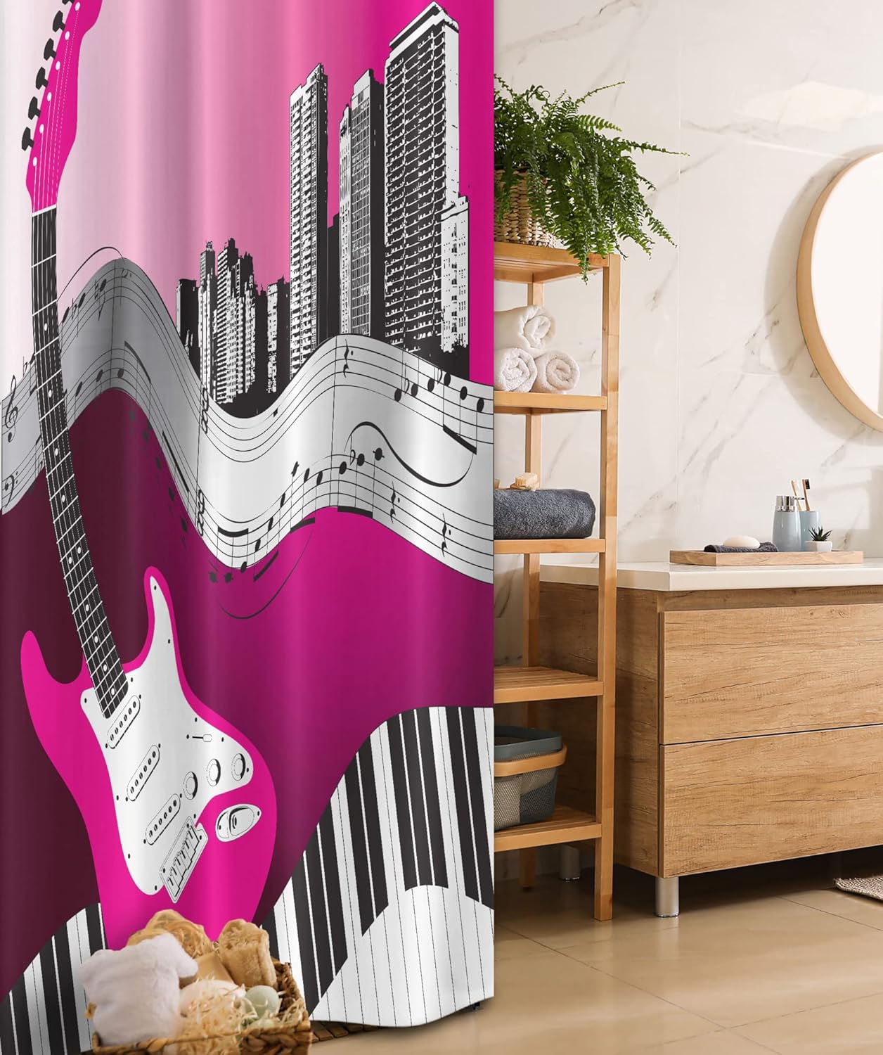 Ambesonne Music Stall Shower Curtain, Bass Guitar Keyboard Urban Rock Backdrop Rhythm of City Illustration, Fabric Bathroom Decor Set with Hooks, 36" W x 72" L, Hot Pink Pale Grey Black