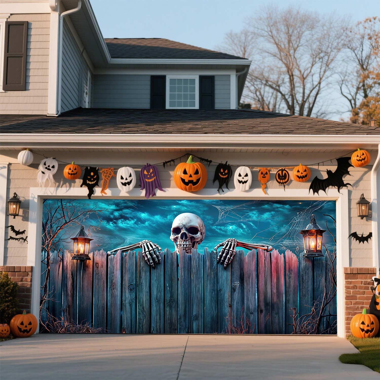 Halloween Garage Door Decoration Background Skull Heads Catch Wood Lantern Skeleton Pumpkin Lantern Garage Wall Backdrop Banner Cover Outdoor Holiday
