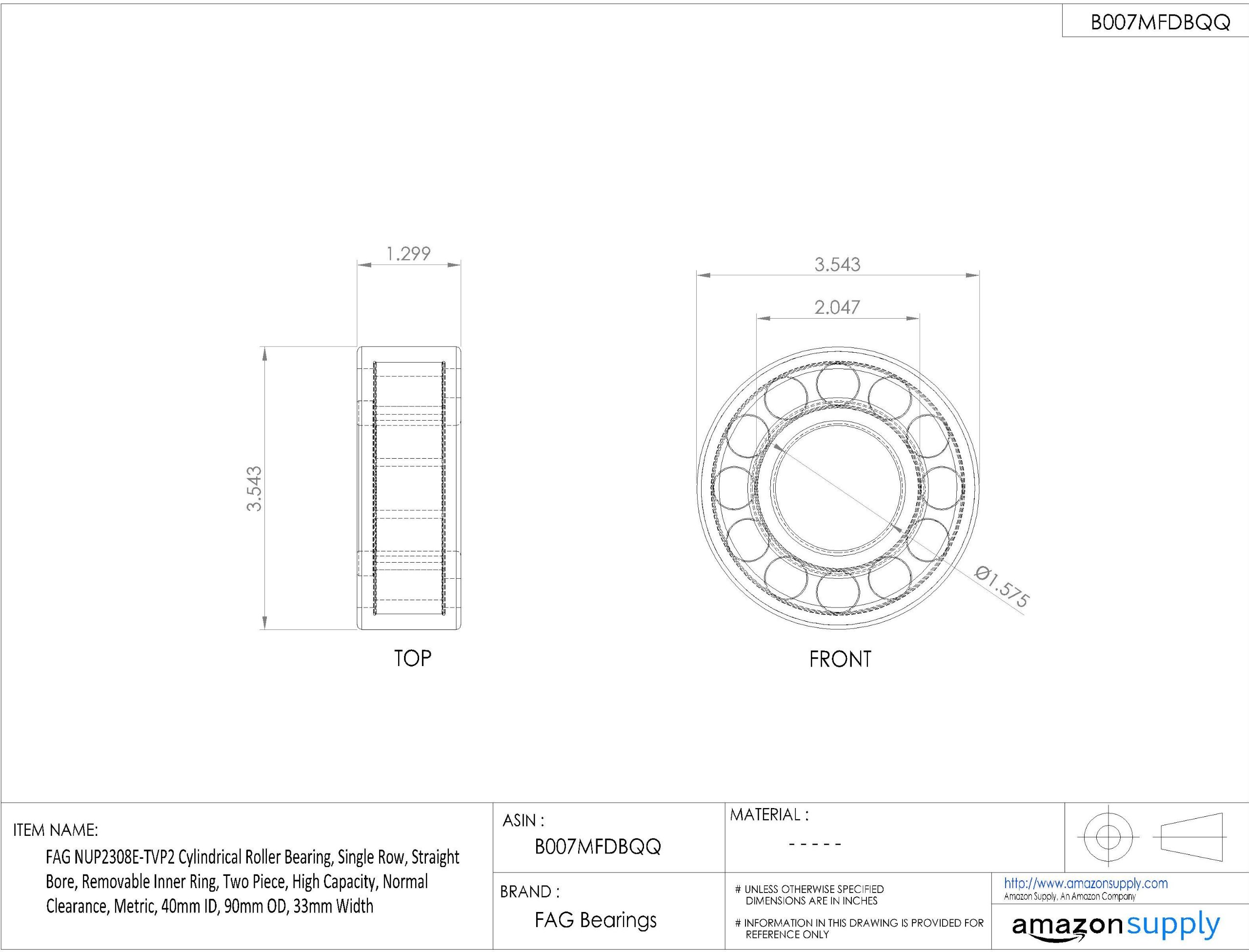 FAG Nup2308e-tvp2 cylindrique Roulement à rouleaux, rangée simple, Straight Alésage, Bague intérieure amovible, 2 pièces, haute capacité, espace Normal, métriques, 40 mm ID, 90 mm OD, 33 mm de largeur
