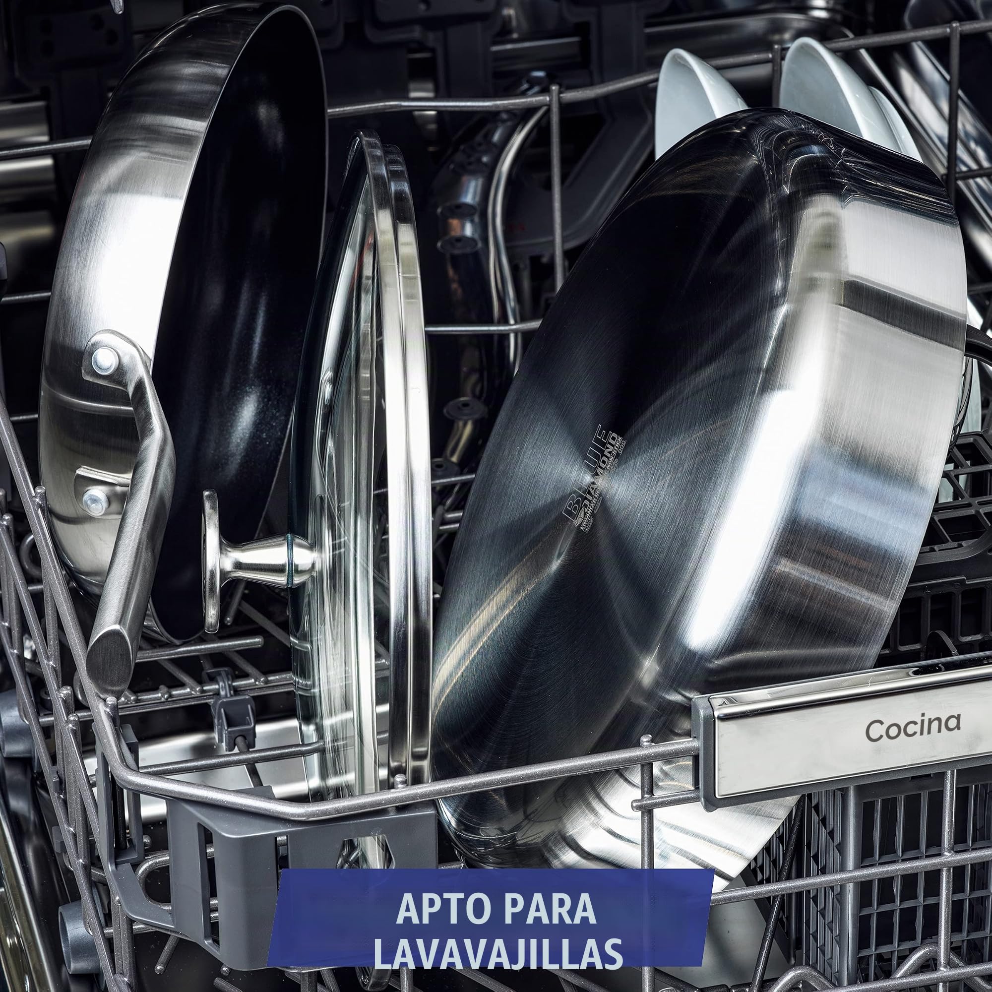 Blue Diamond Triple Steel Sartén de Cerámica Antiadherente de Acero Inoxidable, 24 cm, Sin PFAS, Multicapa, Apta para Inducción, Honor y Lavavajillas, Plata