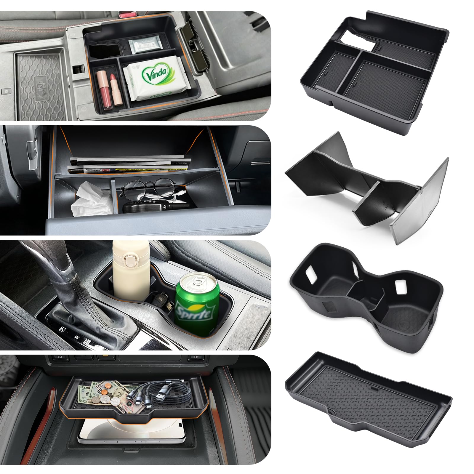 GZSH 4 Set Organizer for Nissan Frontier 2022-2026 (S/SV/Pro-X/Pro-4X/SL) | Center Console Organizer Tray Front Console Shelf Armrest Storage Box Cup Holder for Nissan Frontier 2022+