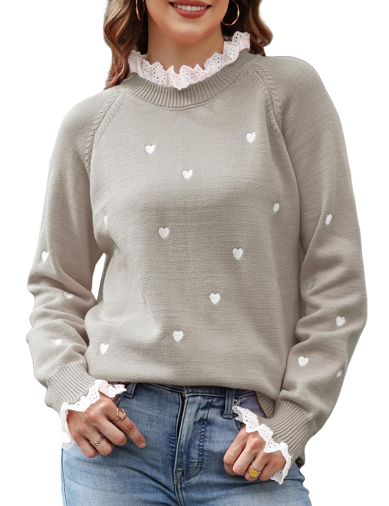 Valentines Sweater for Women Heart Embroidered Sweaters Cute Lace Trim Knit Pullover-image-31