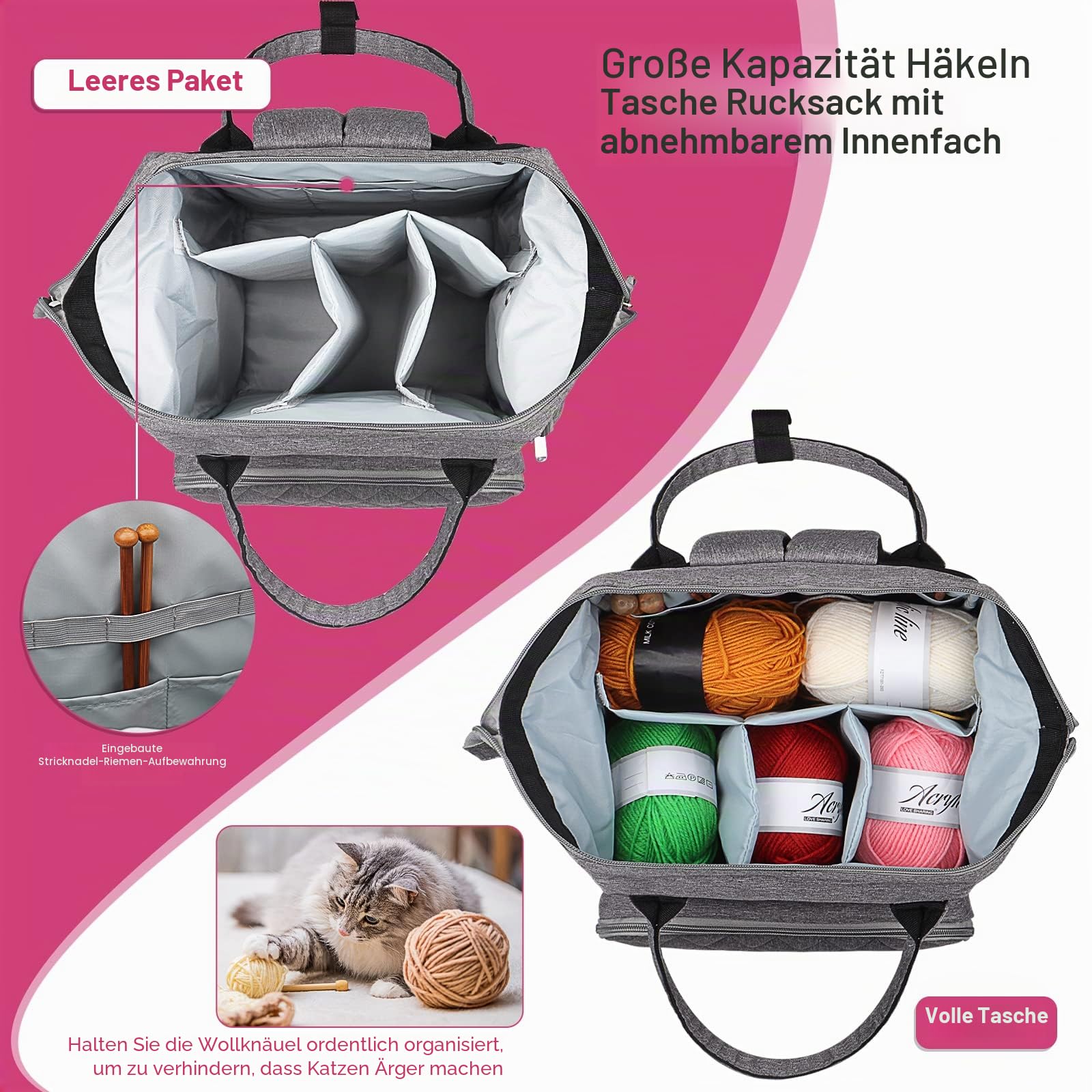 Coopay Multifunktion Stricktasche Rucksack, Reise Häkeltasche mit 6 Garnösen, Große Garnaufbewahrung Organizer Tasche für unfertige Projekte, Häkelnadel, Stricknadeln, Wolle, Strick- und Häkelzubehör