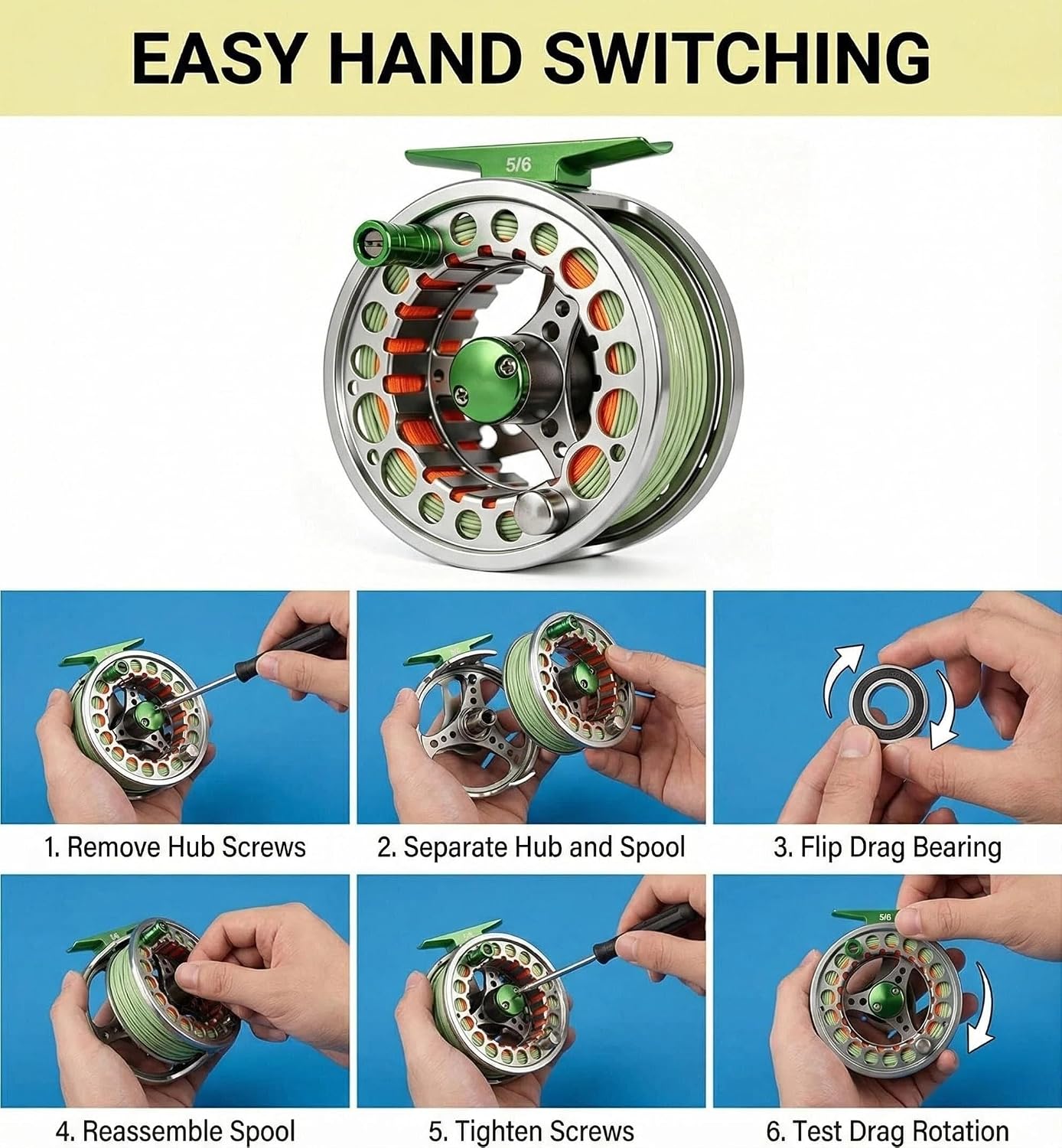 Fly Fishing Reel with Aluminum Alloy Body 5/6wt Die Cast Pre-Loaded Fly Reel with Line Combo for Trout Bass Carp Pike Panfish
