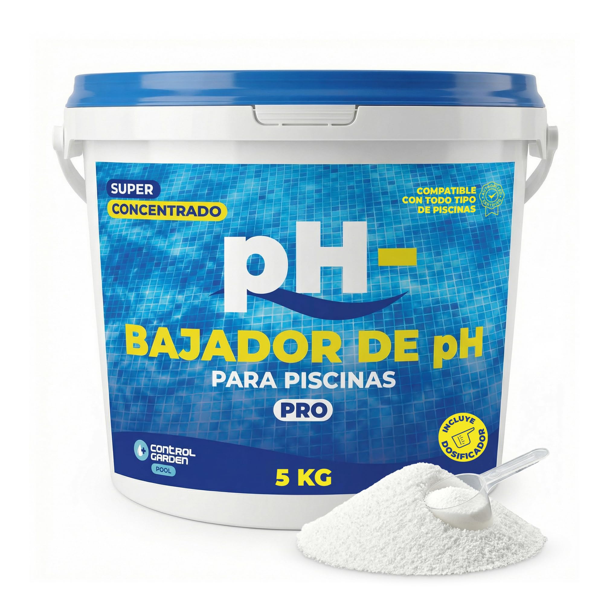 CONTROL GARDEN Bajador PH Piscinas Granulado 5 KG | Reductor pH- Piscina Interior y Exterior | Minorador Sólido - Súper Concentrado | Pool Regulador de Poliester, Liner y Electrólisis Salina
