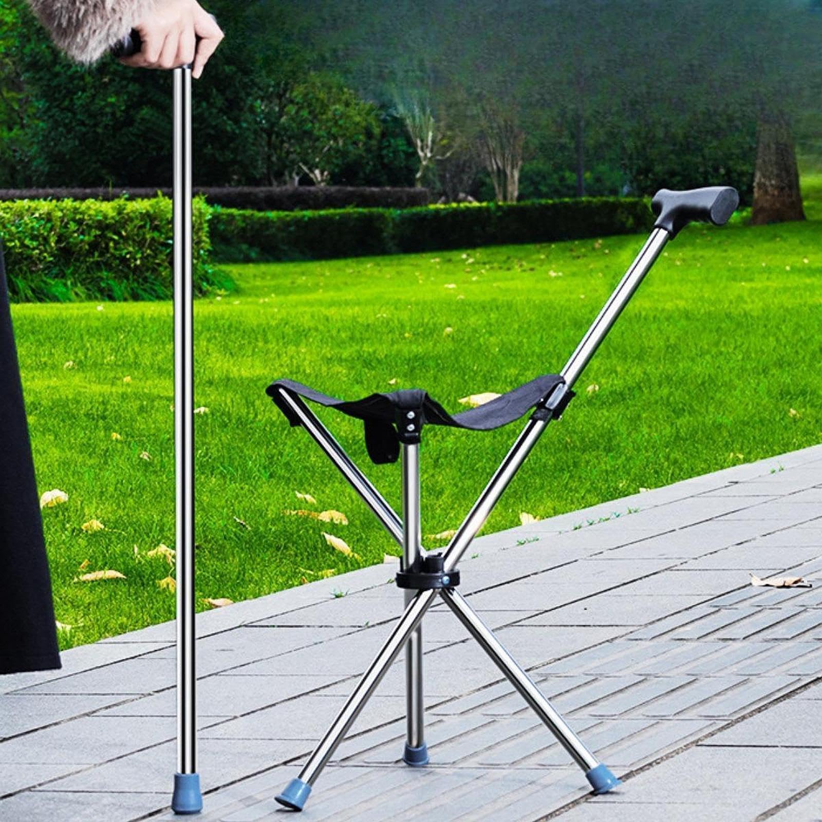 Bastón Trekking Bastón con Asiento Silla Plegable Taburete Portátil Acero Antideslizante Ligero Adecuado para Excursiones de Senderismo Viajes de