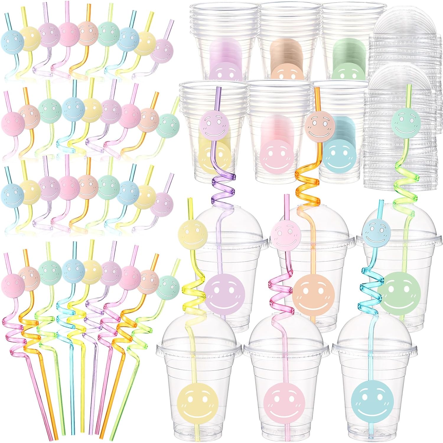 Yaomiao 36 Set Smile Face Birthday Cups 12 oz Clear Plastic Cup with Dome Lids and Straws for Smile Face Pastel Preppy Birthday Decorations Holiday Bachelorette Baby Shower Party Favors(Classic Style)