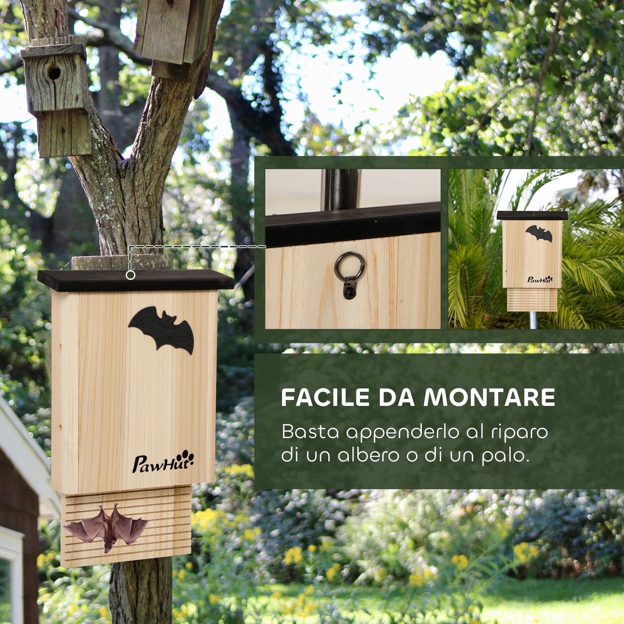 PawHut Set di 3 Casette per Pipistrelli in Legno di Abete, Rifugio per Pipistrellini per Giardino ed Esterni, Bat Box Facile da Appendere, 25x6x37.5 cm, Legno Naturale
