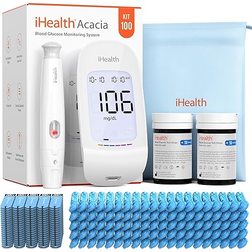 iHealth Acacia Blood Glucose Monitor Kit, 100 Glucometer Strips, 100 Lancets, 1 Blood Sugar Monitor, 1 Lancing Device, 1 Travel Bag, No Coding, Portable Blood Sugar Testing Kit, Diabetes Testing