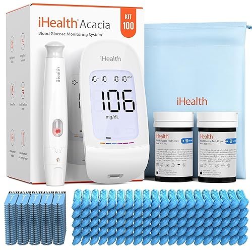 iHealth Kit de monitor de glucosa en sangre de acacia, 100 tiras de glucómetro, 100 lancetas, 1 monitor de azúcar en sangre, 1 dispositivo de