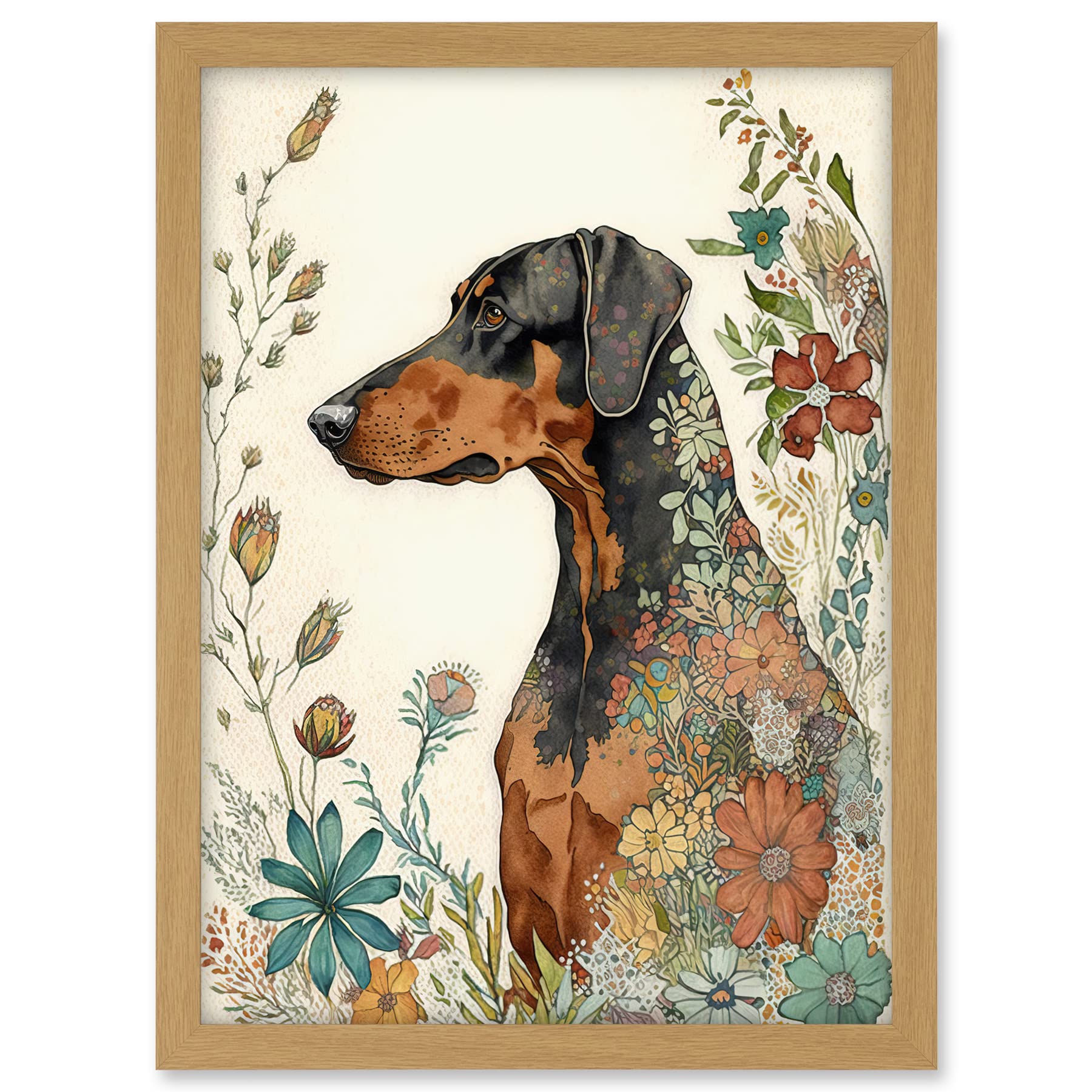 Artery8 Doberman Dog with Spring Flowers Colourful Watercolour Illustration Artwork Framed A3 Wall Art Print