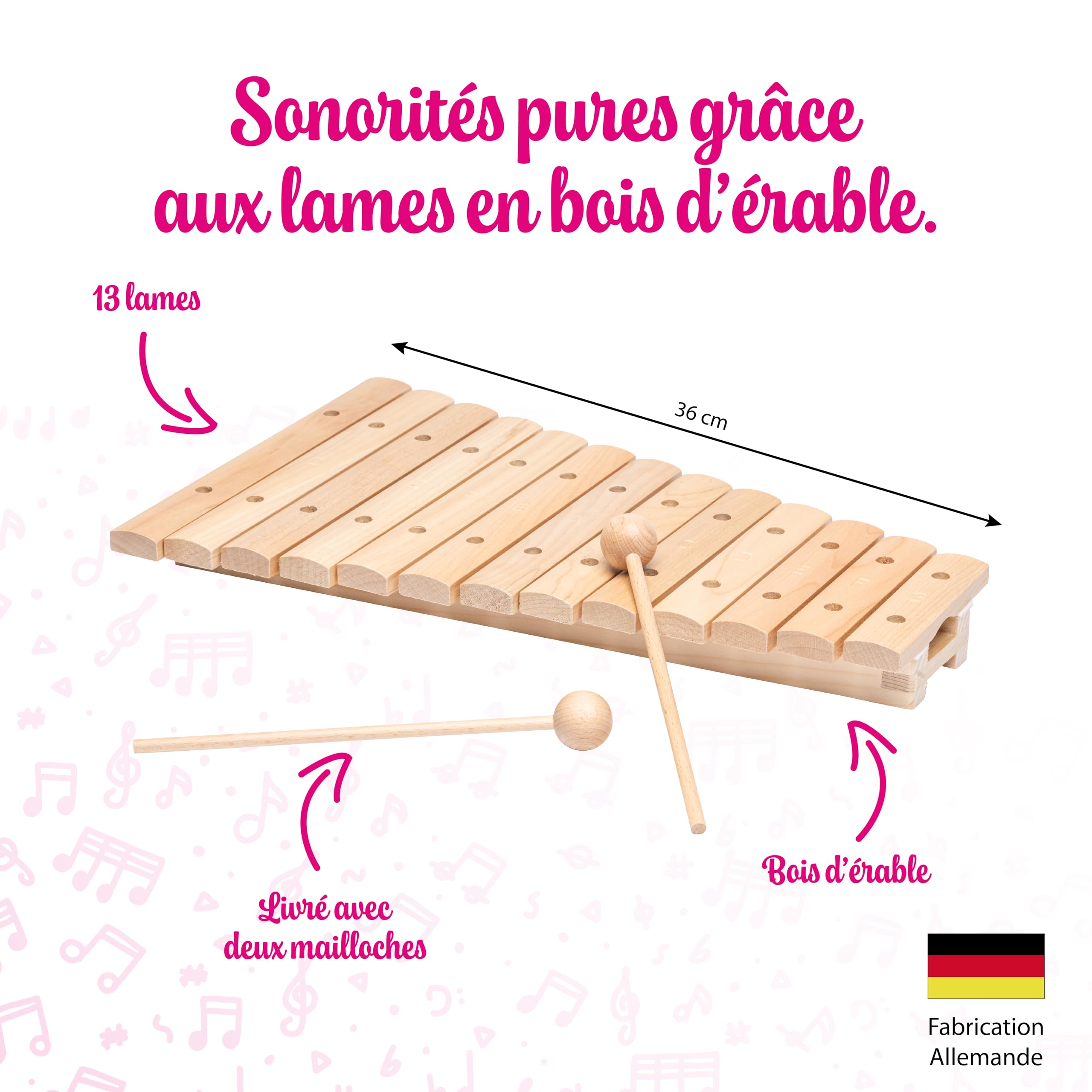 FUZEAU - 71179 - Xilofono 13 lame in legno acero - 2 maglie - Do3 al Do4 - Giustezza dell'accordo - Suono puro e delicato - Da 4 anni