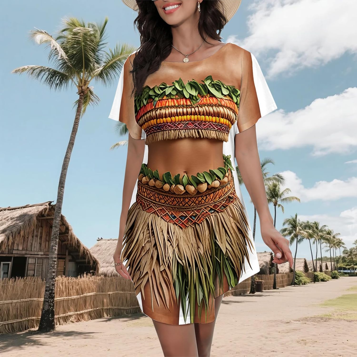 Women's Hawaiian Funny Bikini Shirt Cover Up Short Sleeve Beach Luau Party Baggy Body Printed T Shirt Dress - Image 2